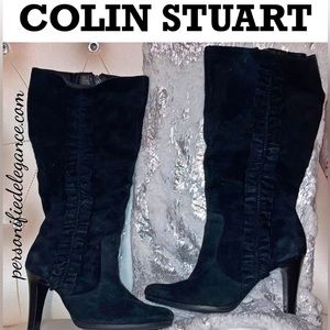 NEW Colin Stuart Black Suede Ruffle Knee High Heeled Boots Size 11M